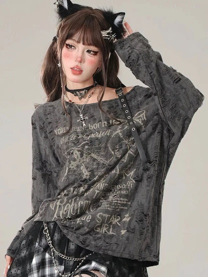 Gothic Vintage Oversize Long sleeve T shirt Women Sweet Sexy Off shoulder Tops Spring Autumn Fashion Holes Basic Tees