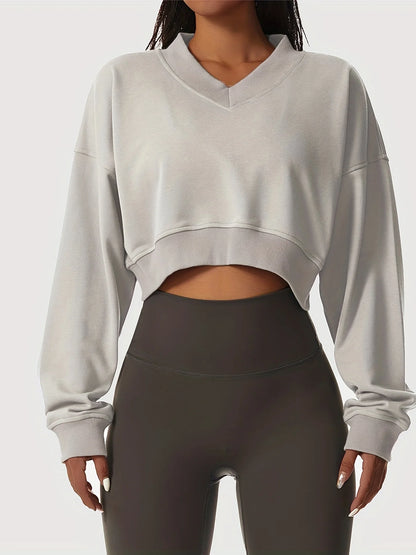 Women's solid cropped long sleeve sweatshirts casual v neck pullover sports - APEX RITUAL women's hoodies & sweatshirts