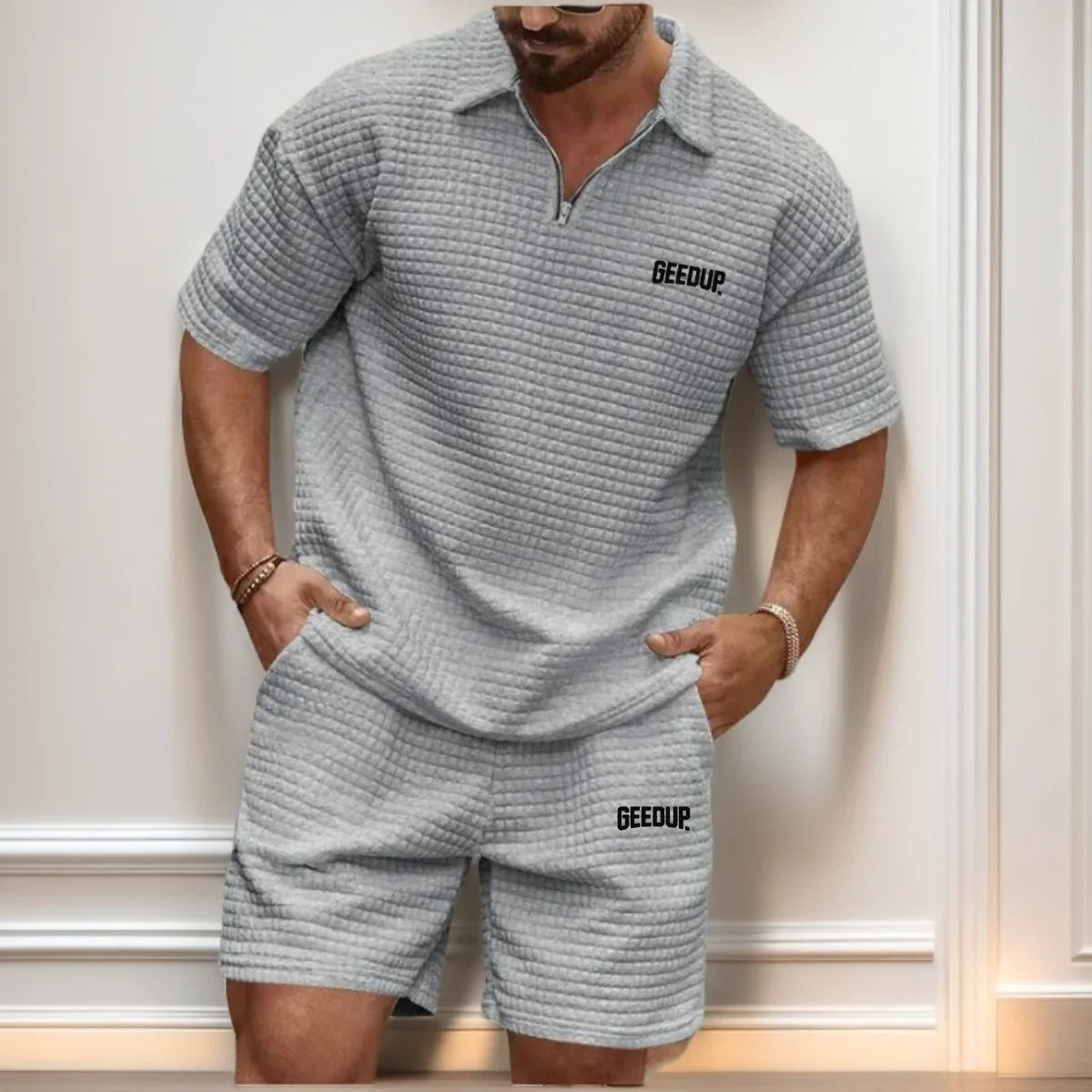 New men's casual, fashionable and comfortable waffle checkered letter lapel sportswear set, spring and summer two-piece set