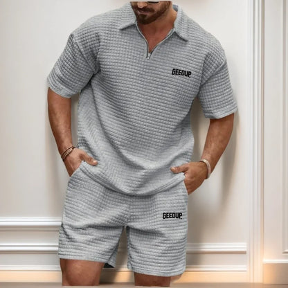 New men's casual, fashionable and comfortable waffle checkered letter lapel sportswear set, spring and summer two-piece set