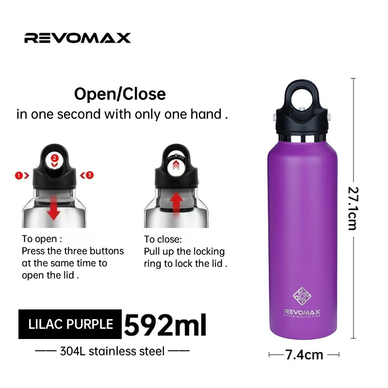 RevoMax-Double Wall Insulated Water Bottle, Outdoor Travel Sports Bottles, Stainless Steel Thermos for Tea, Thermal Cup, 600ml