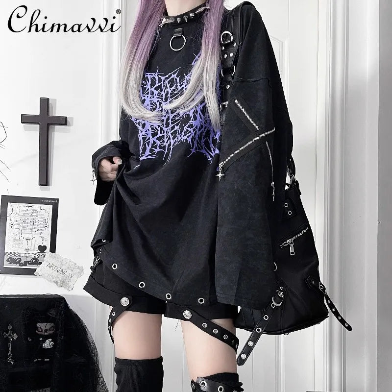 Original Print Subculture Dark Loose Long Sleeve Pure Cotton T-Shirt - APEX RITUAL women's t-shirts