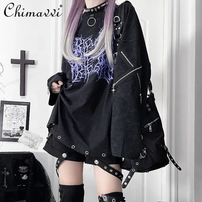 Original Print Subculture Dark Loose Long Sleeve Pure Cotton T-Shirt - APEX RITUAL women's t-shirts