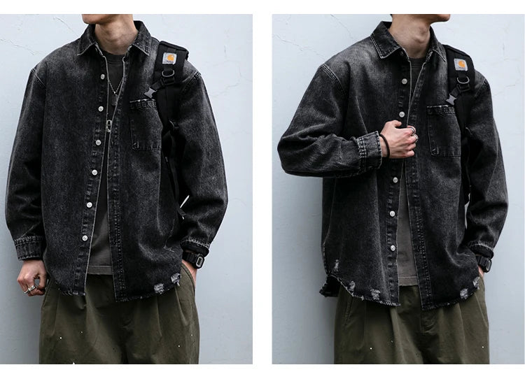 American Streetwear Wash Denim Shirts For Men Harajuku Casual Men'S Clothing Vintage Blue Lapel Cargo Coat Korean Long Sleeve