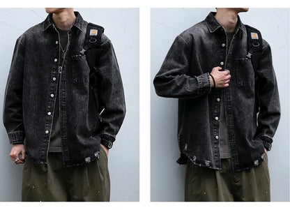 American Streetwear Wash Denim Shirts For Men Harajuku Casual Men'S Clothing Vintage Blue Lapel Cargo Coat Korean Long Sleeve