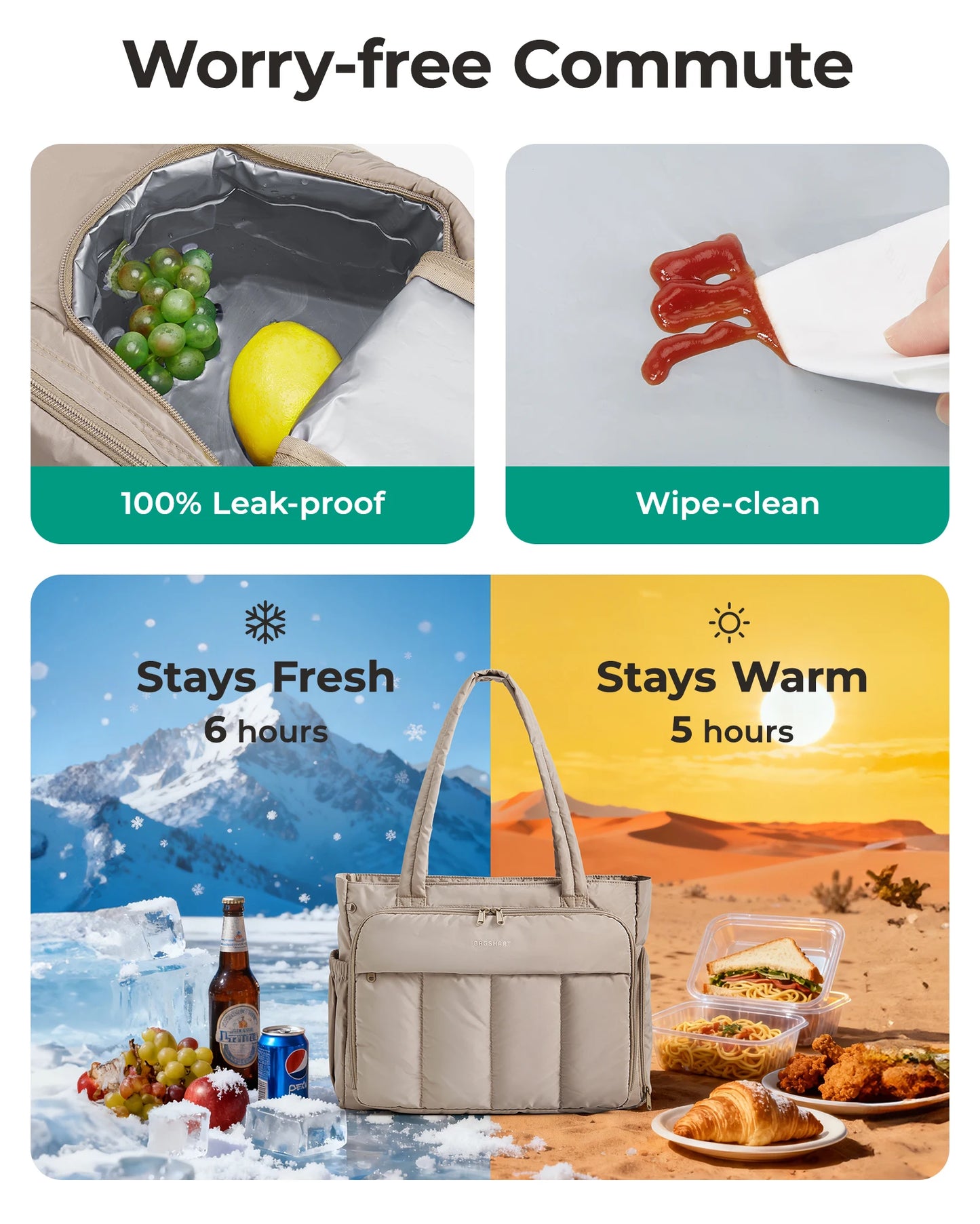 BAGSMART Tote Bag for Women Teacher Tote with Insulated Compartment Puffer Laptop Work Tote Handbags for Work Travel Gym