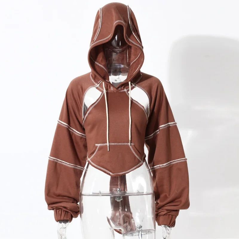 Color Blocking Bright Line Decoration Women High Street Hoodies Y2K Clothes Harajuku Hollow Out Back Lace-up Long Sleeve Tops