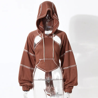 Color Blocking Bright Line Decoration Women High Street Hoodies Y2K Clothes Harajuku Hollow Out Back Lace-up Long Sleeve Tops