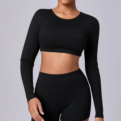 Crop Top Women Long Sleeve Tees 2026 Gym Shirt Padding Sports T-shirts Push Up Yoga Clothing Black White Blue Coffee Gray Navy