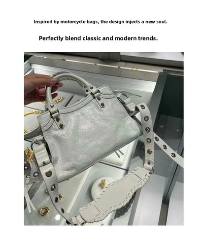 Neo Motorcycle Bag Handheld Rivet Head Layered Oil Wax Cowhide Crossbody Women's Bag Cool And Spicy Girl Retro Style Tote Bag