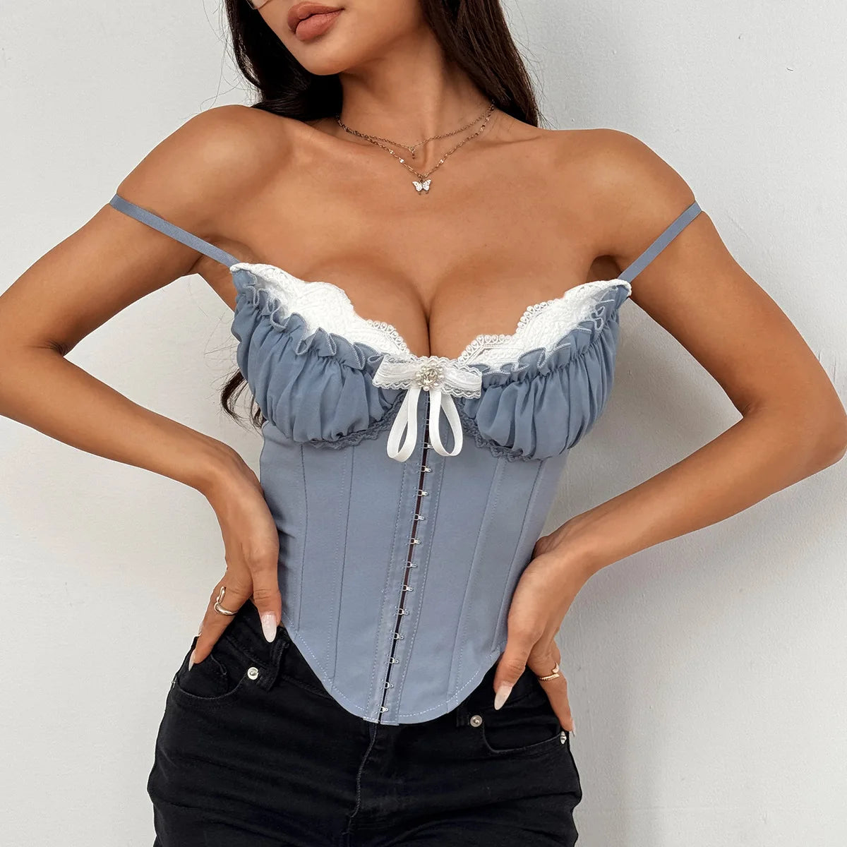 SSexy V Neck Y2K Crop Tops Lace Patchwork Pleated Bowknot Corset Top Sexy Backless Slim Camisole Body Shape Fishbone Bustier