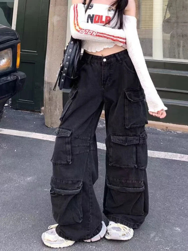 Trashy Y2K 2000S Streetwear Washed Black Baggy Jeans Cargo Pants For Women Clothes Multi Pockets Wide Leg Gothic Lady Trousers