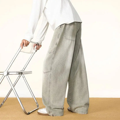 Men's Spring And Autumn Fashion Washed Large Versatile Casual Pants Retro Splicing Nail Beaded Jeans Loose Straight Leg Pants