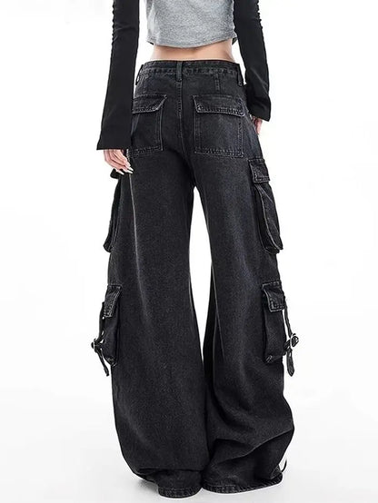 Black Gothic Punk Multi-Pocket Zipper Denim Jeans Men And Women Y2K American Baggy Fashion High Waist Loose Wide-Leg Jeans