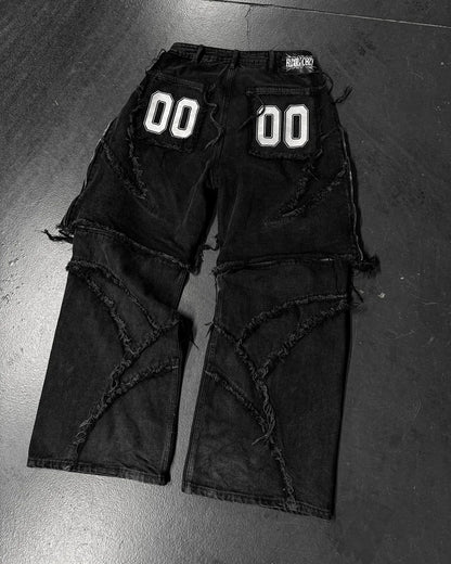 Y2k Patchwork Stripe Embroidery Fur Edge Jeans Fashion America Retro Zipper Splicing Baggy Jeans Punk Men Black Denim Pants