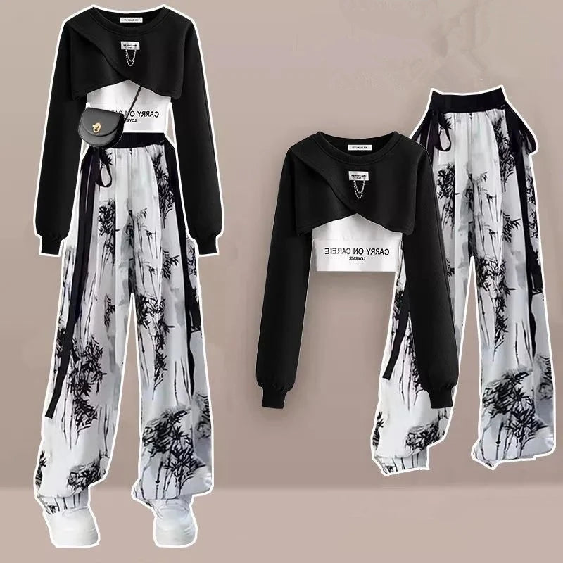 Spring Autumn Women Fashion Crop Sweatshirt Letter Sling Print Pants 1 or 3 Piece Set Lady Cool Streetwear Outfits Tops Trousers