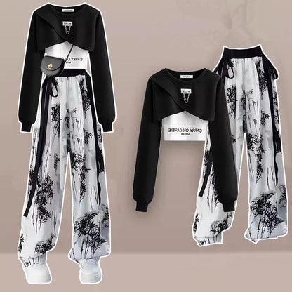 Spring Autumn Women Fashion Crop Sweatshirt Letter Sling Print Pants 1 or 3 Piece Set Lady Cool Streetwear Outfits Tops Trousers