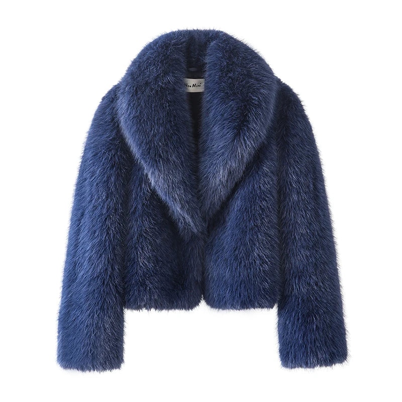 Neo Mint Street Fashion Shawl Collar Faux Fox Fur Coat Women 2024 Winter Cool Girls Black Short Fur Jacket Vintage Chic Overcoat