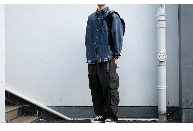 American Streetwear Wash Denim Shirts For Men Harajuku Casual Men'S Clothing Vintage Blue Lapel Cargo Coat Korean Long Sleeve