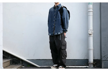 American Streetwear Wash Denim Shirts For Men Harajuku Casual Men'S Clothing Vintage Blue Lapel Cargo Coat Korean Long Sleeve