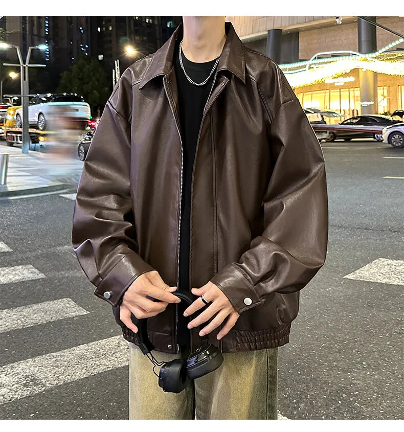 Youth Fashion Men Leather Jacket Casual Zipper Black Motorcycle Waterproof Windproof Pu Bomber Coat