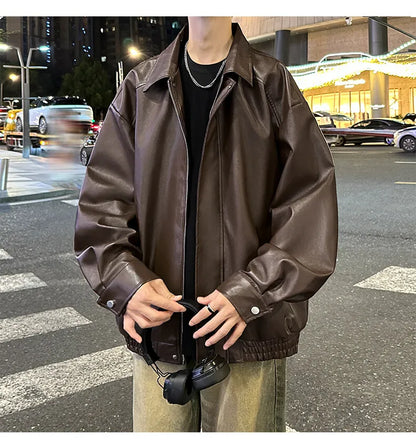 Youth Fashion Men Leather Jacket Casual Zipper Black Motorcycle Waterproof Windproof Pu Bomber Coat