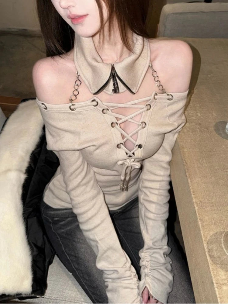 Women's Y2K Chain Slash-Neck Crop Top