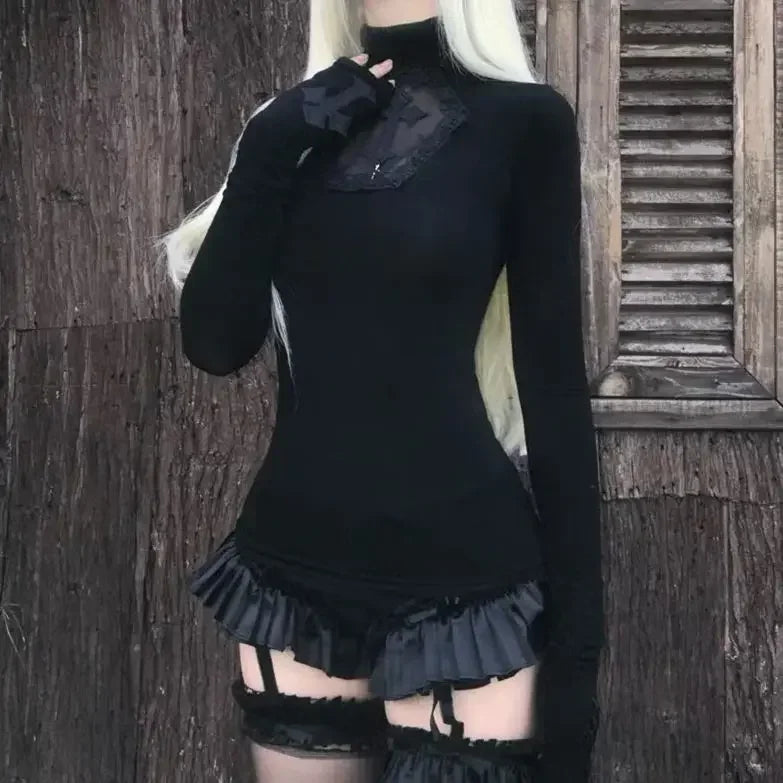 High Neck Dark Gothic Cross Hollow Slimming Bottom Knitted Shirt for Women Halloween Costume Long Sleeve Sexy T-shirt Women Tops
