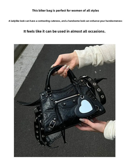 Neo Motorcycle Bag Handheld Rivet Head Layered Oil Wax Cowhide Crossbody Women's Bag Cool And Spicy Girl Retro Style Tote Bag