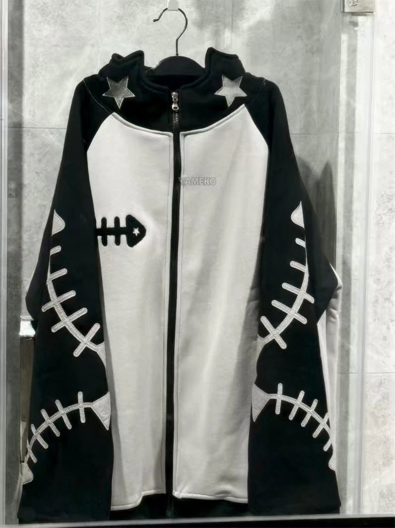 Japanese Cat Ear Fish Bone Hoodie Women Subculture Vintage Y2k Harajuku Punk Oversized Sweet Cardigan Zipper Sweatshirts