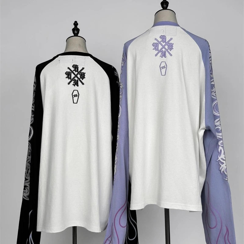 Japanese Harajuku Streetwear Co-branded Subculture Tattoo Embroidery Flame Long Sleeve Oversized Sleeve T-Shirt