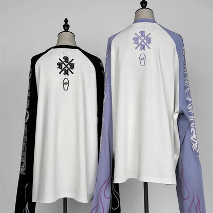 Japanese Harajuku Streetwear Co-branded Subculture Tattoo Embroidery Flame Long Sleeve Oversized Sleeve T-Shirt
