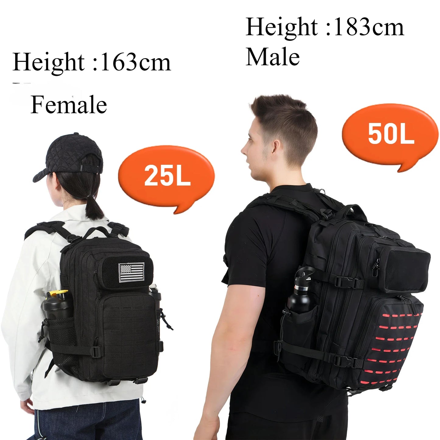 25L/50L Tactical Backpack Bag Hunting MOLLE Backpack GYM for Men Outdoor Hiking Travel Rucksack Witch 2 Bottle Holders