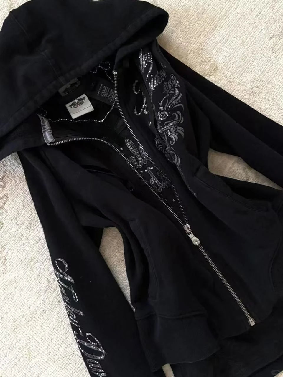 Women's Jacket Y2K Gothic Drawstring Design Black Zipper Sweatshirt Harajuku Letter Pattern Sexy Slim Fit Hoodie