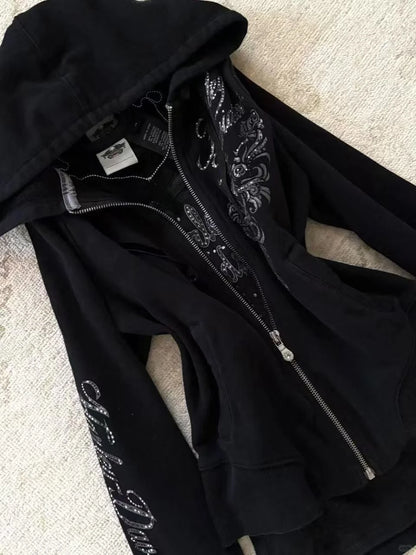 Women's Jacket Y2K Gothic Drawstring Design Black Zipper Sweatshirt Harajuku Letter Pattern Sexy Slim Fit Hoodie