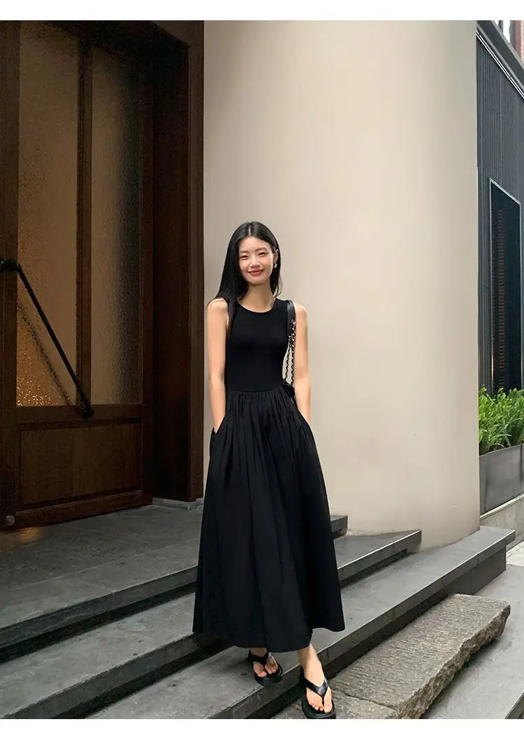 New Vintage Holiday Style Black Midi Dress Dresses for Women Clothing O Neck Office Lady Casual Pockets Women's Clothing