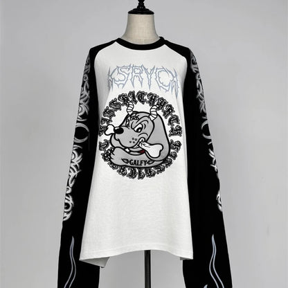 Japanese Harajuku Streetwear Co-branded Subculture Tattoo Embroidery Flame Long Sleeve Oversized Sleeve T-Shirt