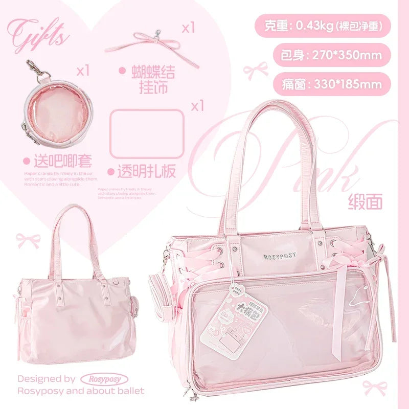 Japanese New Girls Silver Shoulder Bag Large Capacity Ribbon Itabag Student Women's Satin Messenger Bag Leather Backpacks