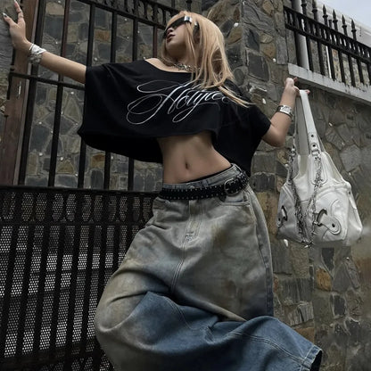 SylCue Letter Print T-Shirts Woman Summer Trend Skew Collar Off Shoulder Navel Exposed High Street Casual Fashion Style Tees
