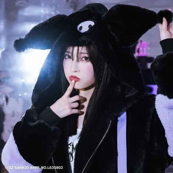 Japanese Harajuku Rabbit Ears Fur Purple Coat for women 2023 Winter New Women's Dark Punk Mid-Length Zipper Plush Coats Street
