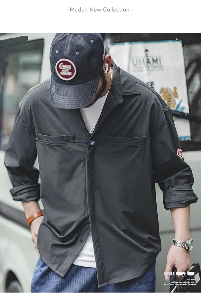 Maden Wrinkle-resistant Subtle Stripe Shirts for Men Outdoor Dark Gray Long-sleeved Loose Fit Shirt Autumn Pockets Shirts Jacket