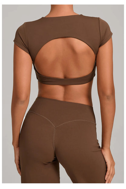 Hollow Backless Short Sleeve Sporty Slim T-shirt Women Crop Top Breathable Quick Dry Gym Workout Top Sport Shirt Fitness Clothes