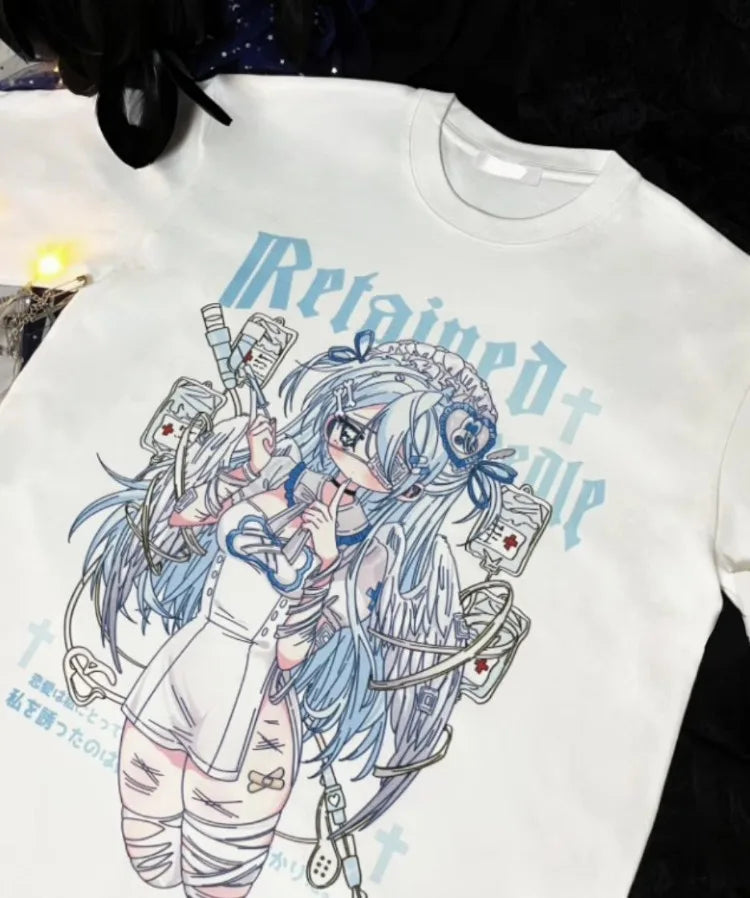 Kimutomo Women T Shirts Cartoon Printed Short Sleeve Loose Sweet Funny Y2k Aesthetic Harajuku Tops Grunge Gothic Ladies Casual