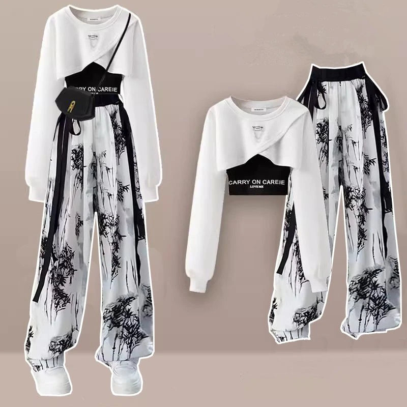 Spring Autumn Women Fashion Crop Sweatshirt Letter Sling Print Pants 1 or 3 Piece Set Lady Cool Streetwear Outfits Tops Trousers