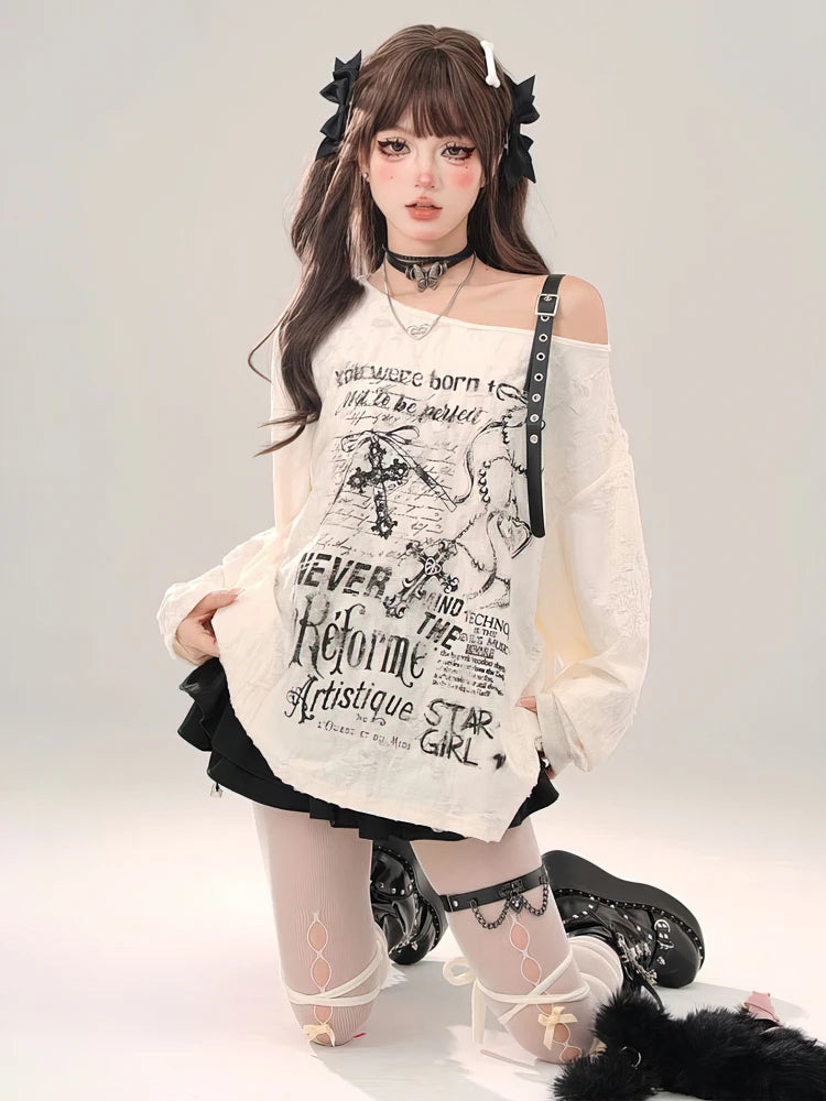 Gothic Vintage Oversize Long sleeve T shirt Women Sweet Sexy Off shoulder Tops Spring Autumn Fashion Holes Basic Tees
