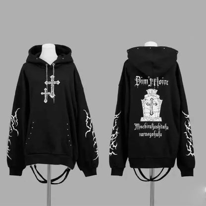 Kimutomo Hoodies Women Autumn Winter Fashion Y2k Aesthetic Harajuku Grunge Gothic Cross Printed Loose Sweatshirts Female
