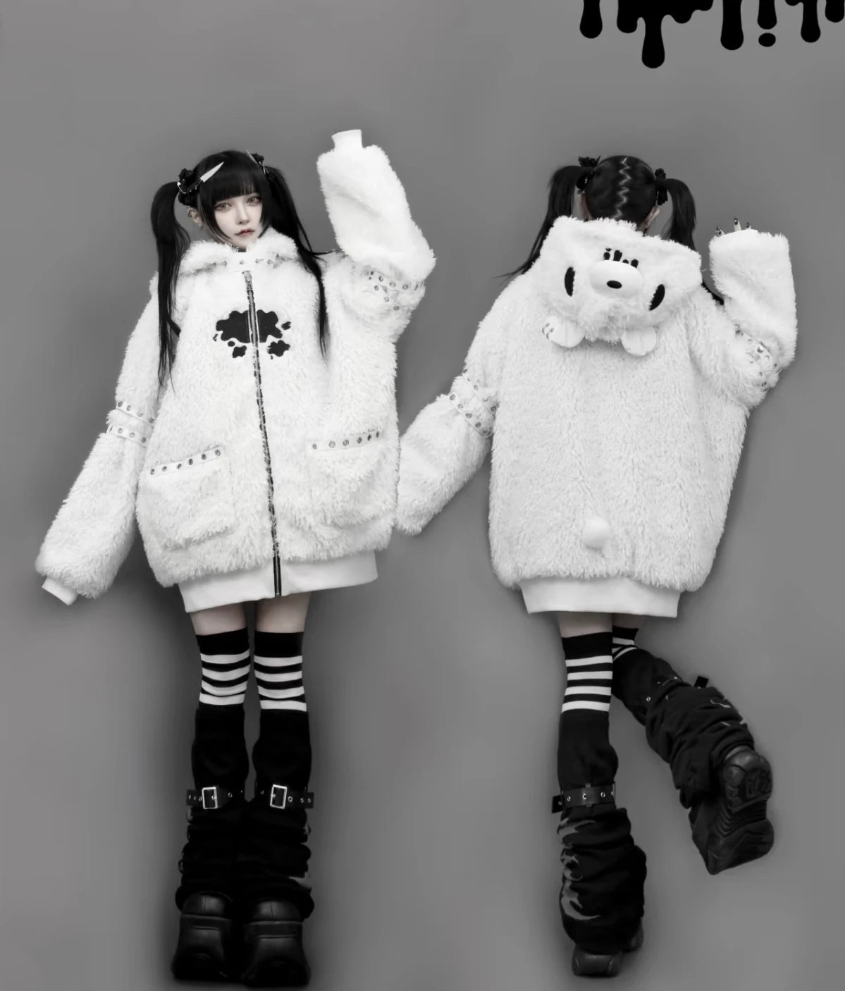 Japanese Gothic Hooded Plush Coat New Autumn Winter Subculture Cool Girl Women's Punk Rivet Lamb Wool Hoodie Jacket Zipper Coat