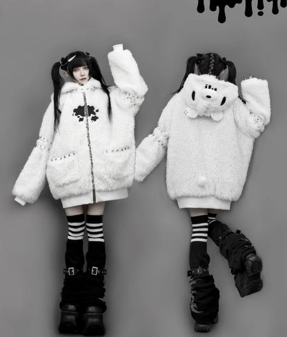 Japanese Gothic Hooded Plush Coat New Autumn Winter Subculture Cool Girl Women's Punk Rivet Lamb Wool Hoodie Jacket Zipper Coat