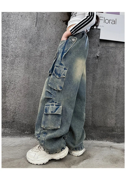 Cargo Jeans for Girls 2026 Spring Loose Casual Elastic Waist Teenage Children Wide Leg Pants Design Streetwear Kids Trousers