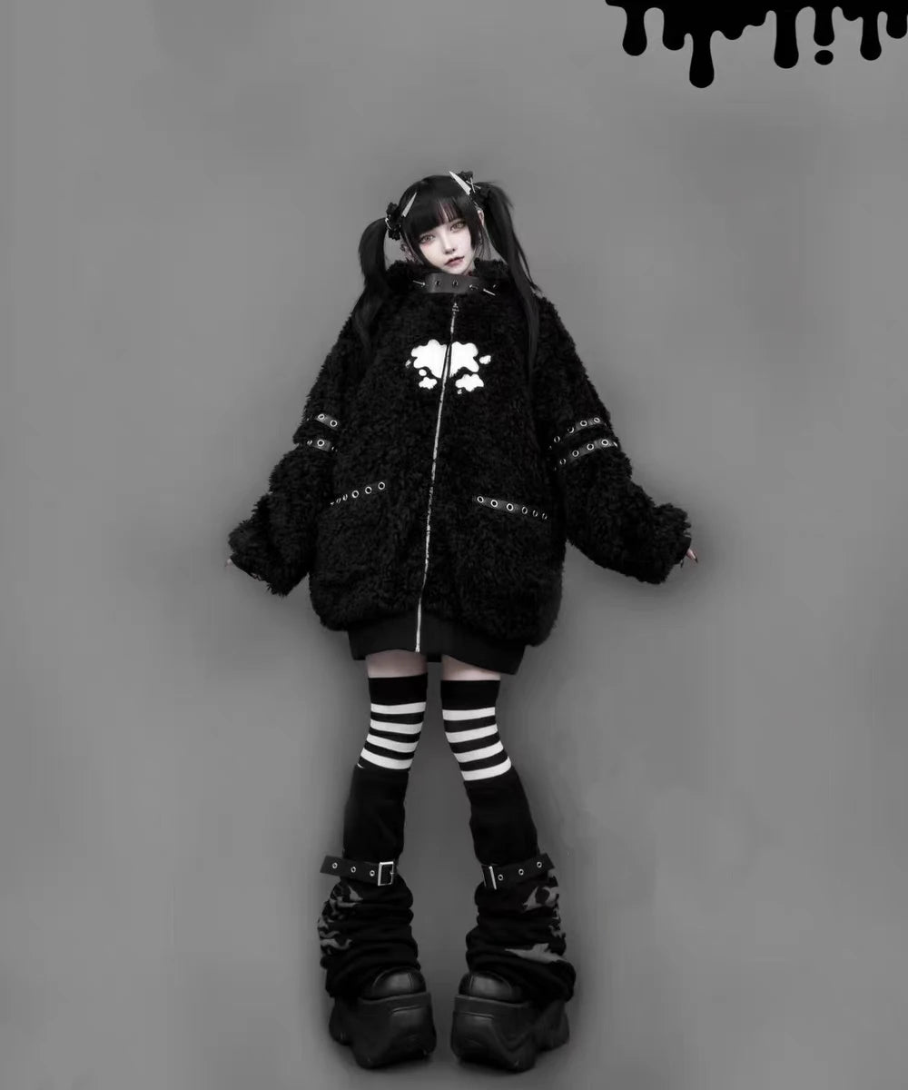 Japanese Gothic Hooded Plush Coat New Autumn Winter Subculture Cool Girl Women's Punk Rivet Lamb Wool Hoodie Jacket Zipper Coat